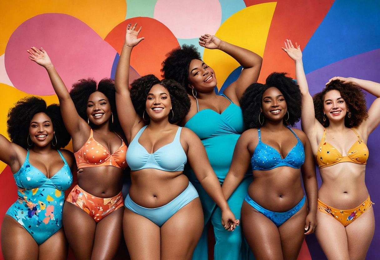 A vibrant and empowering scene depicting diverse women of various shapes and sizes celebrating their bodies and femininity. Include a variety of artistic expressions, such as body paint and floral decorations on their skin, set against a colorful backdrop of abstract shapes symbolizing self-expression and body positivity. The women should radiate confidence and joy, fostering a sense of community and celebration. Use soft pastel colors and dynamic brush strokes to create a warm and inviting atmosphere. super-realistic. vibrant colors. abstract background.