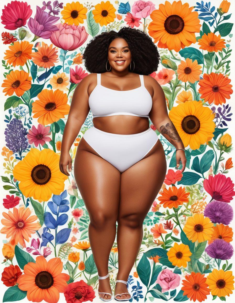 A vibrant collage depicting diverse individuals celebrating body positivity, showcasing various body types and styles. The background features uplifting quotes about self-love and acceptance, intertwined with elements of nature like flowers and sunshine. Incorporate social media icons subtly to represent the role of visual branding. Emphasize bright colors and bold patterns to evoke a sense of joy and inclusivity. vector art. vibrant colors. white background.