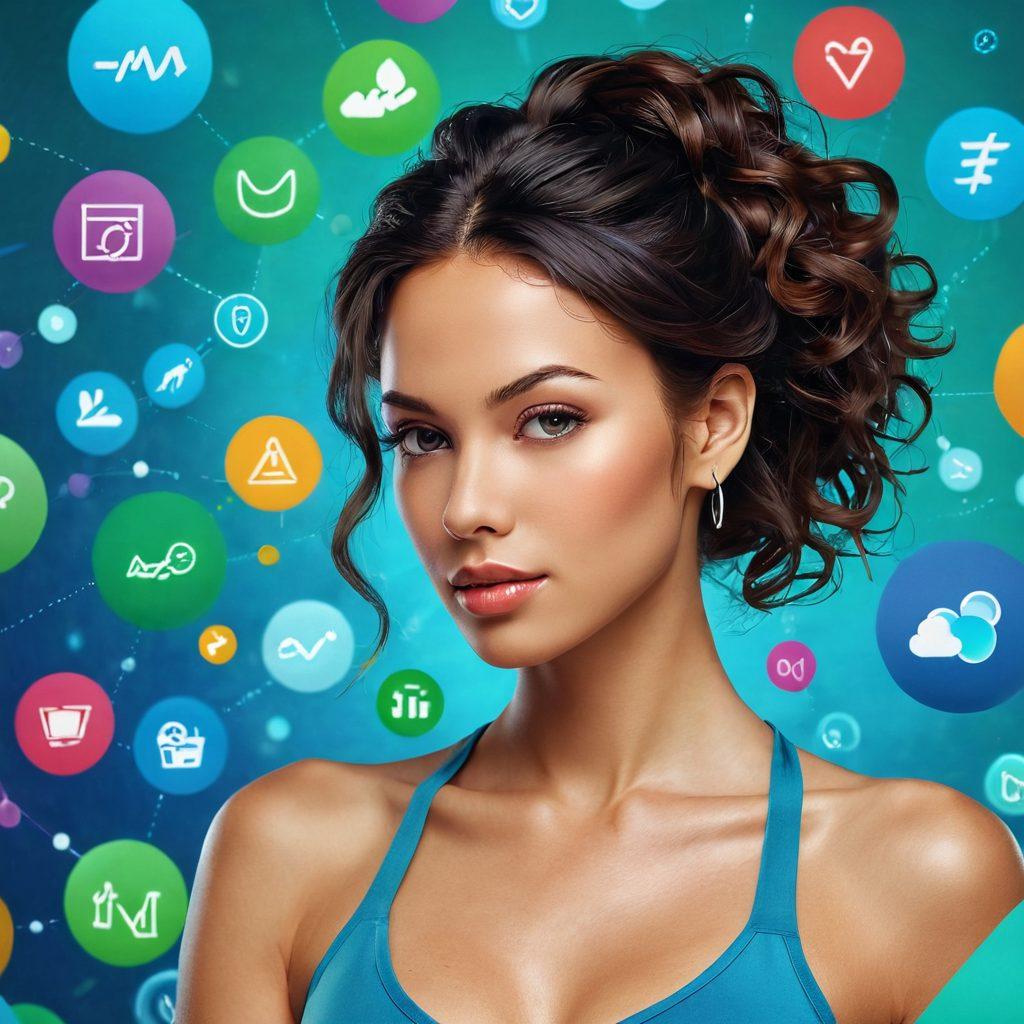 A vibrant digital landscape featuring a confident woman navigating through colorful, floating icons symbolizing digital health, wellness, and empowerment. Incorporate elements showcasing cleavage in a tasteful and artistic manner, emphasizing femininity and strength. The background should have a blend of blue and green tones, representing tranquility and health. Include abstract shapes to symbolize technology and connectivity. super-realistic. vibrant colors. 3D.